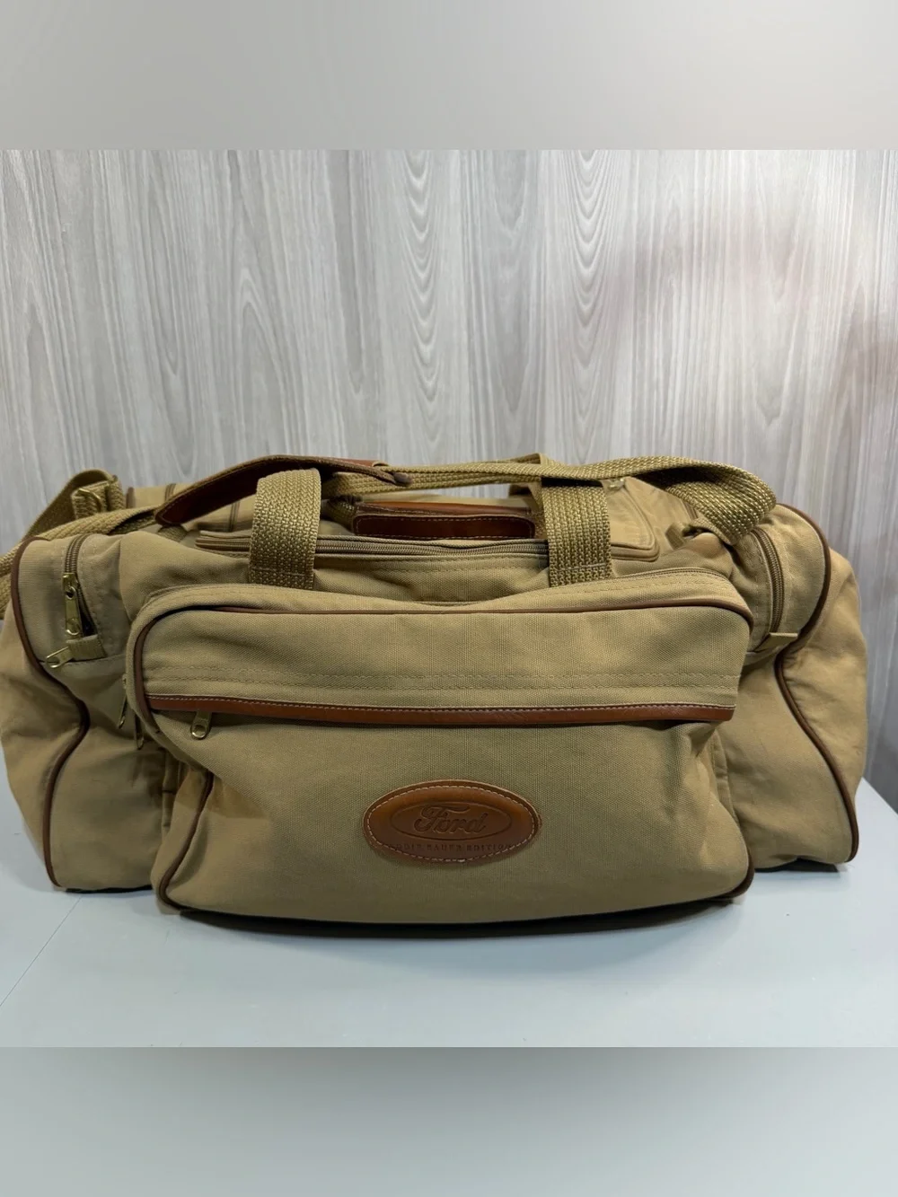 Vintage Ford‎ Edition Eddie Bauer Duffle Bag Canvas Tan Weekender Military